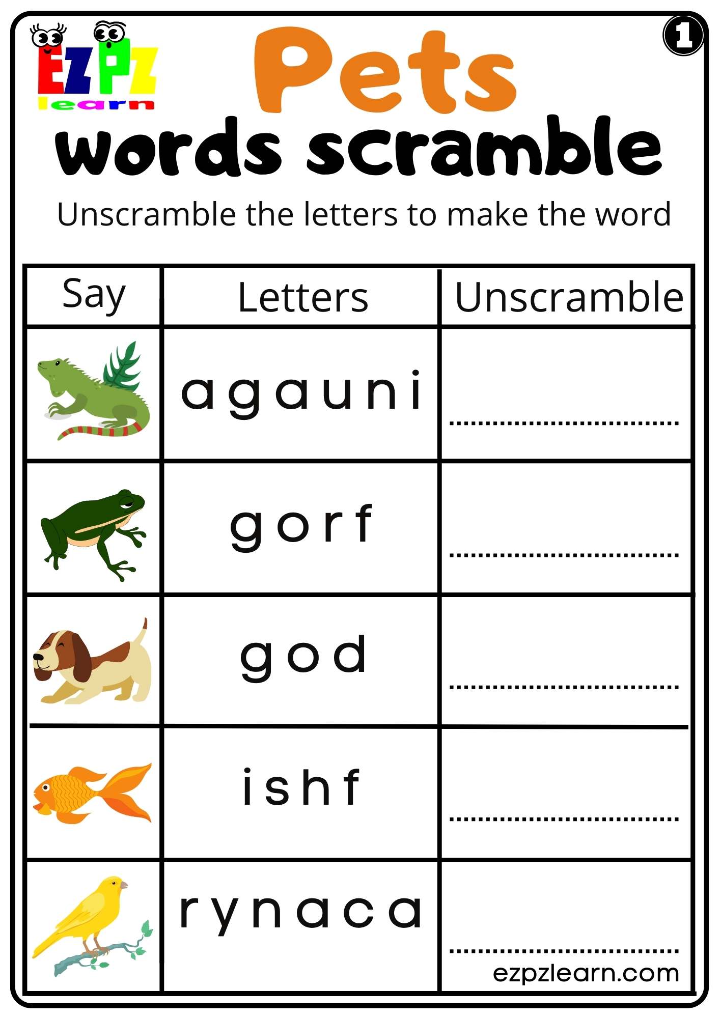 Pets Word Scramble set 1 Worksheet For Kids and ESL PDF Download